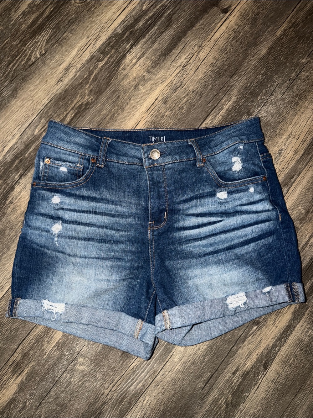 Time and Tru Distressed Rolled-Hem Denim Shorts - Blue